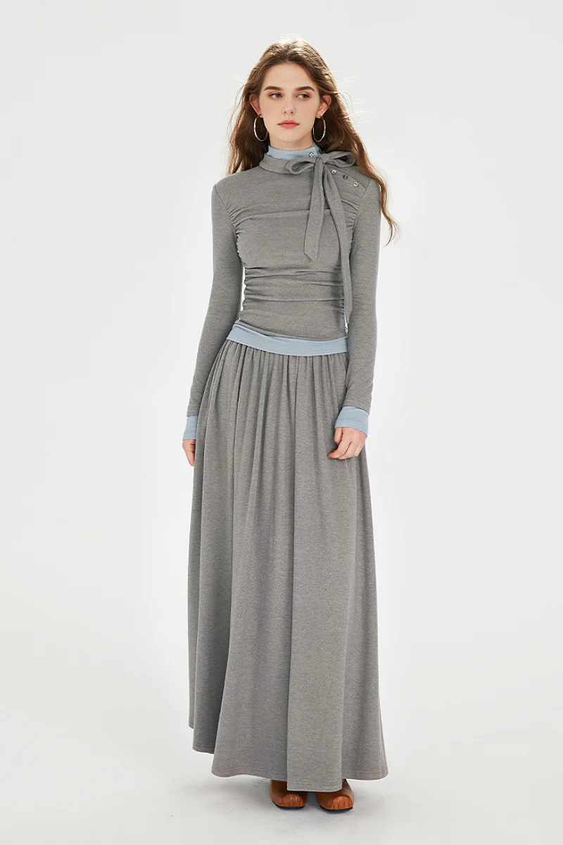 Long-Sleeve Ruched Fit & Flare Maxi Dress with Bow - HBQMJX