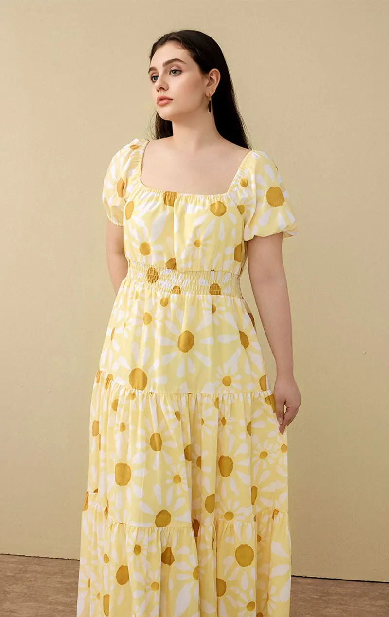Yellow Floral Tiered Smocked Maxi Dress - HBQMJX
