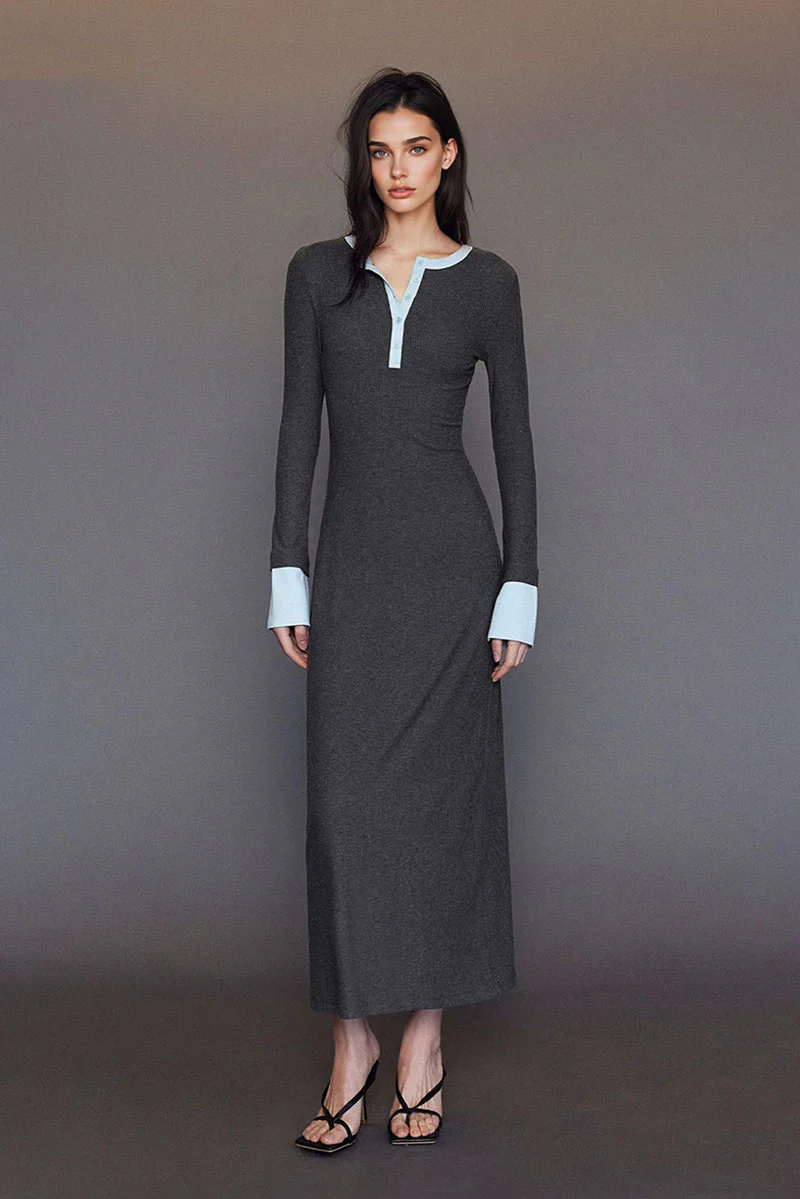 Long Sleeve Ribbed Bodycon Maxi Dress with Contrast Trim - HBQMJX