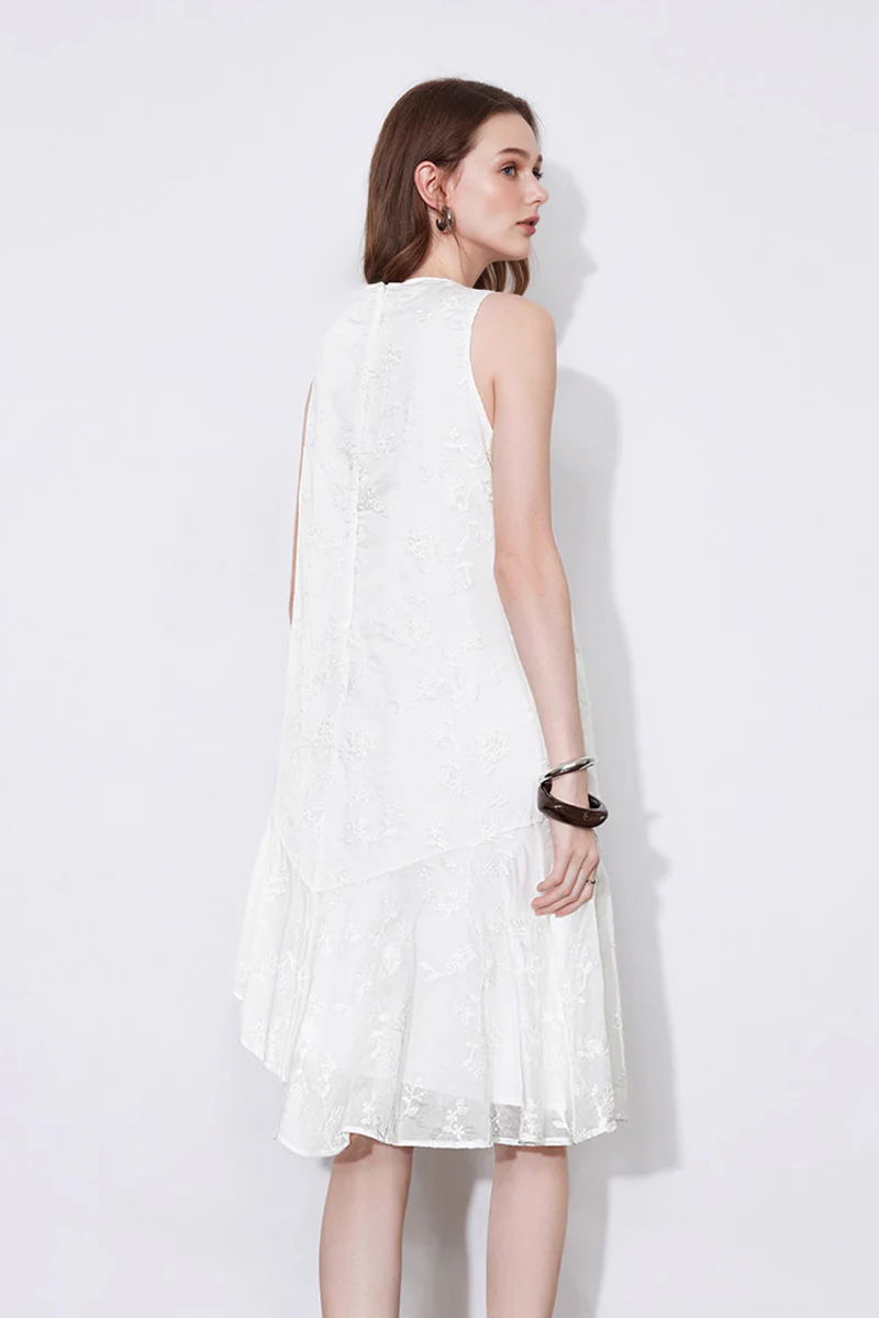 White Asymmetrical Heavy-Embroidery Sleeveless Midi Dress in Lyocell - HBQMJX