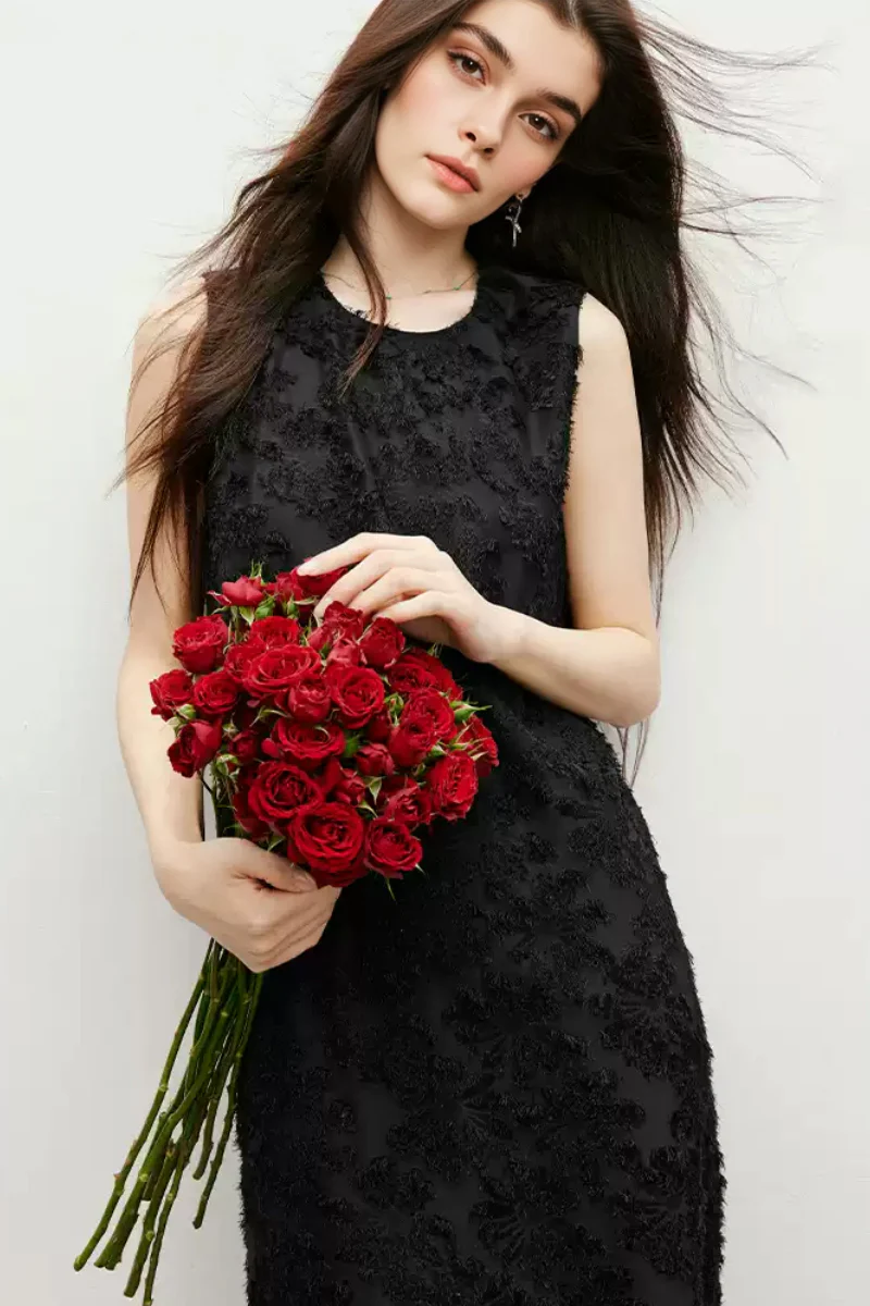 Black Floral Applique Sleeveless Dress - HBQMJX