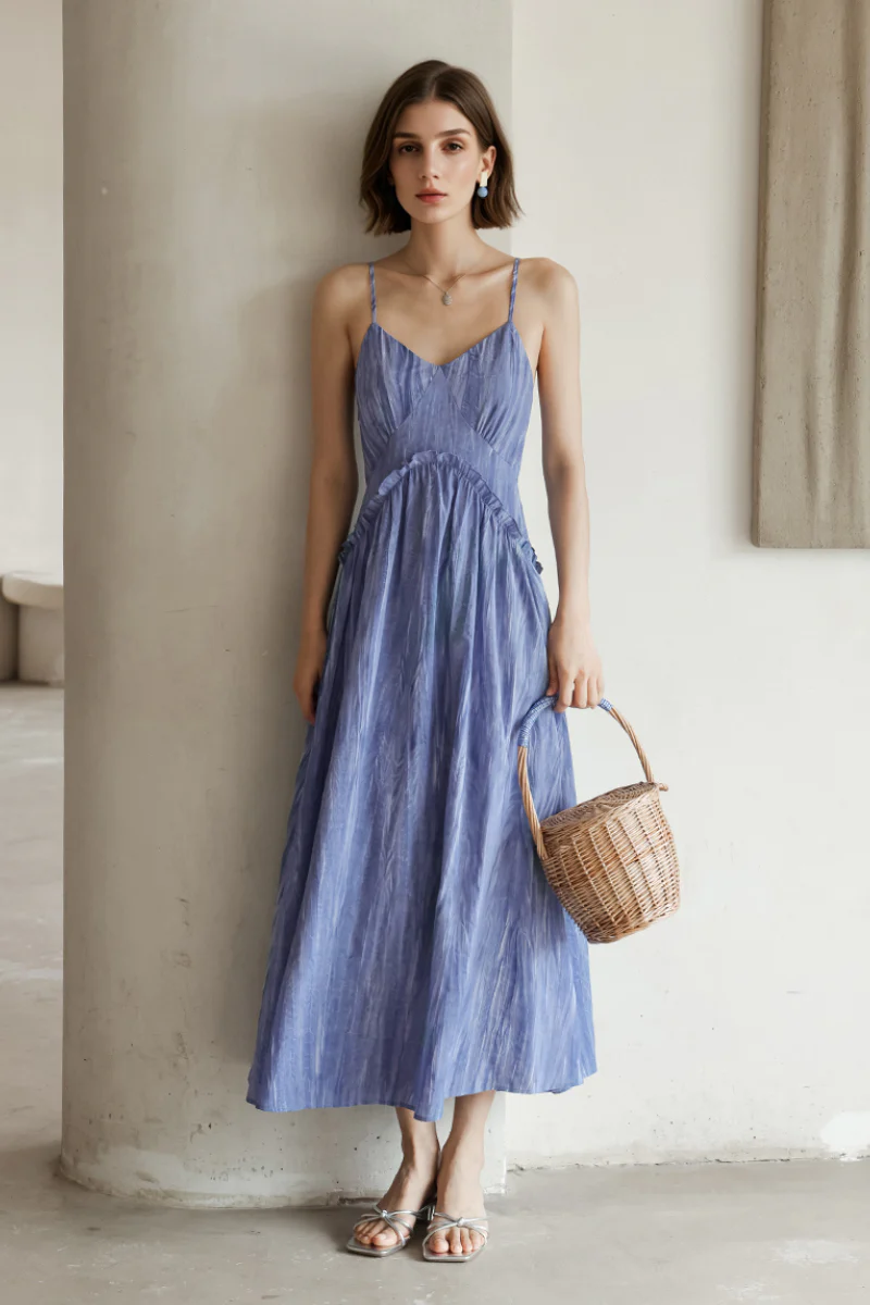Blue Tie-Dye Spaghetti-Strap Midi Dress - HBQMJX