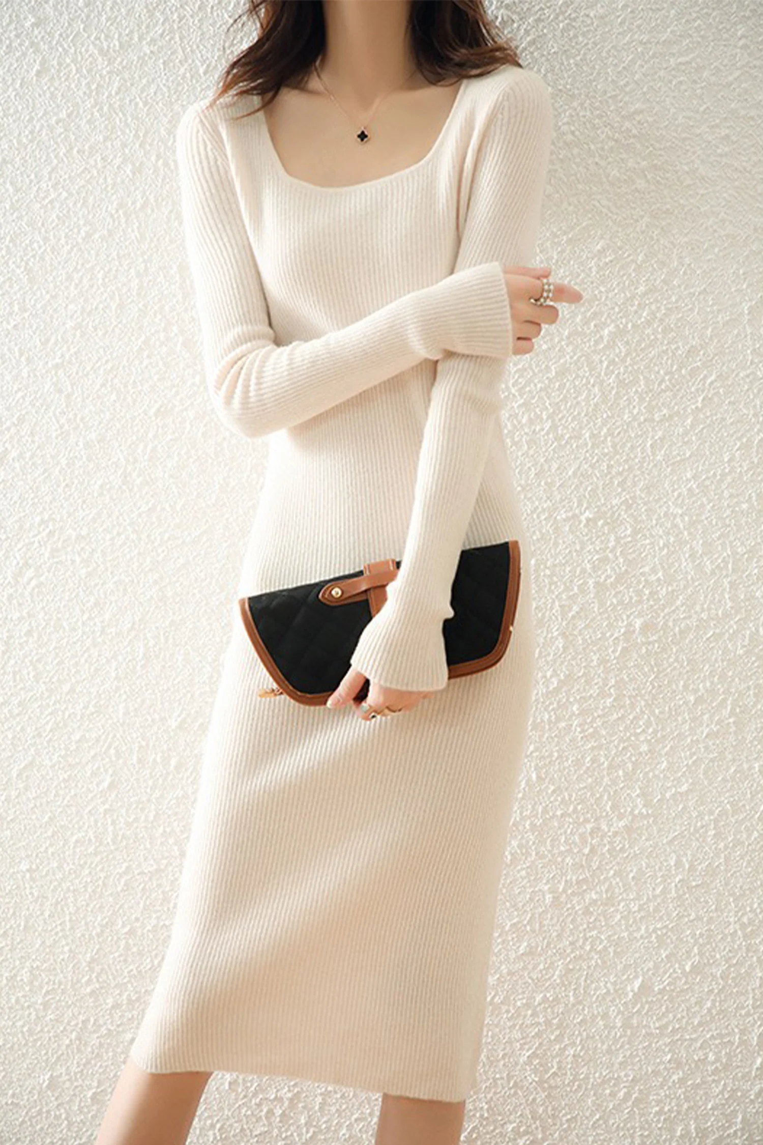 100% Merino Wool Long Sleeve Square-Neck Midi Sweater Dress - HBQMJX