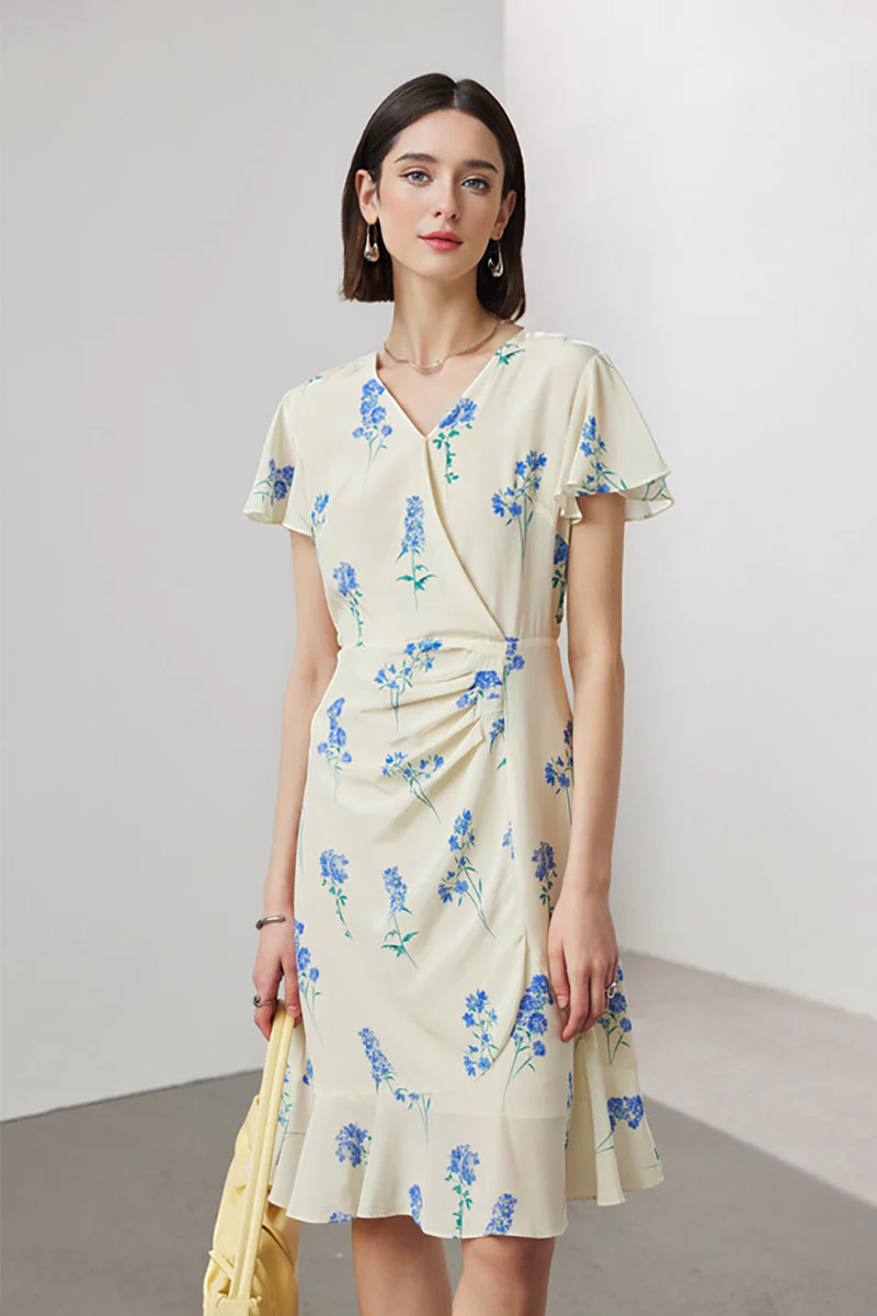 100 Mulberry Silk Floral Flutter-Sleeve V-Neck Ruffle Wrap Midi Dress - HBQMJX