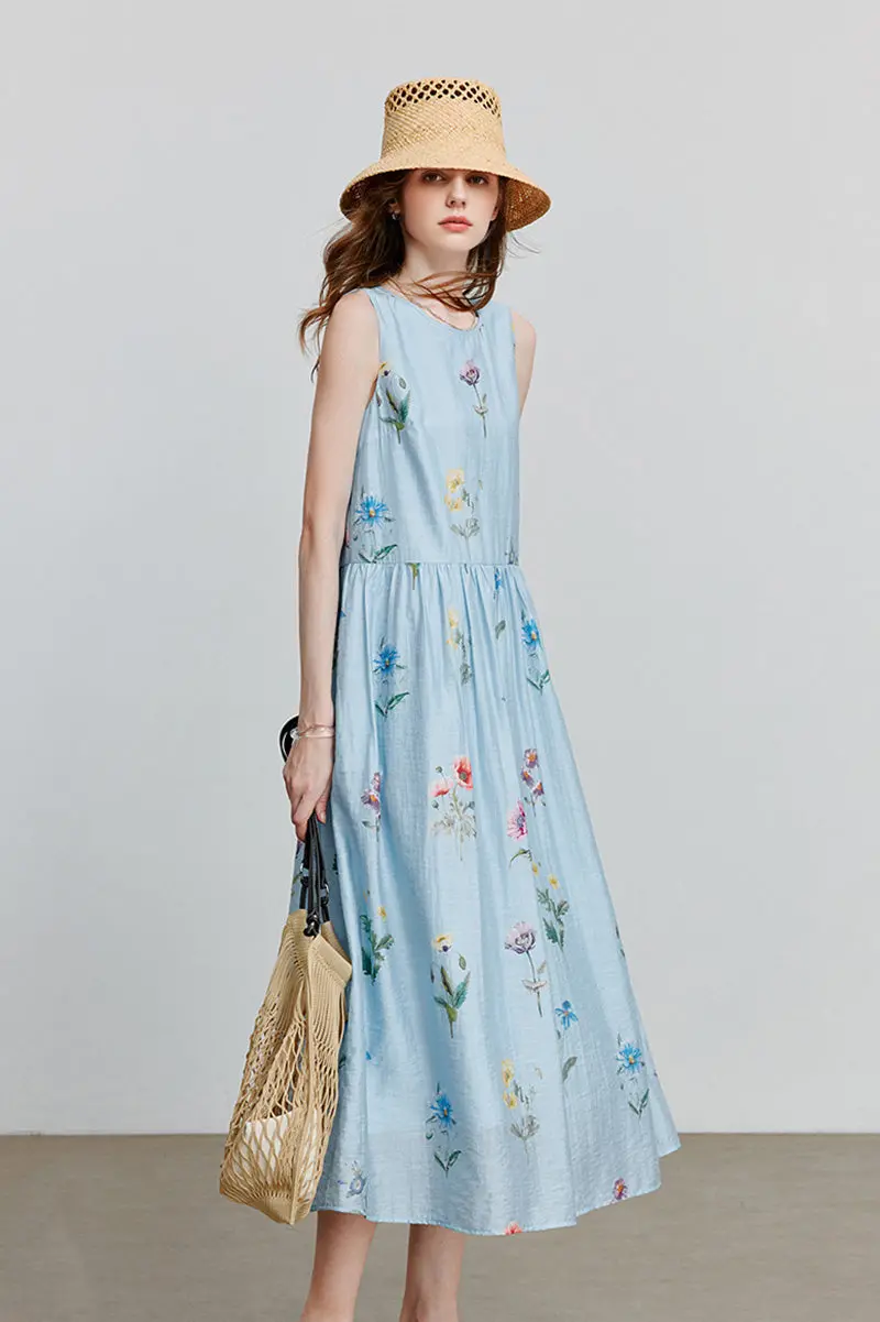 Blue Floral Linen Sleeveless Fit & Flare Midi Dress - HBQMJX