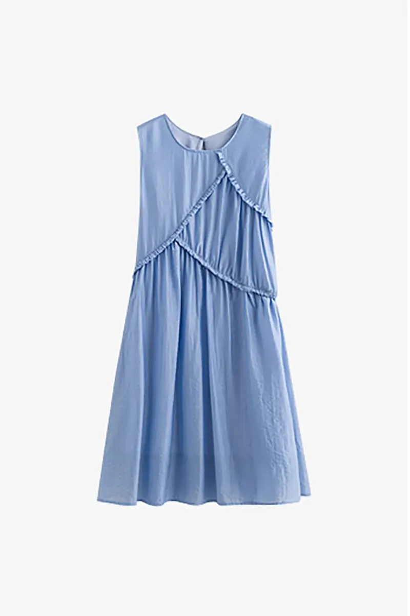 Light Blue Lyocell Sleeveless Ruffle-Detail Midi Dress - HBQMJX