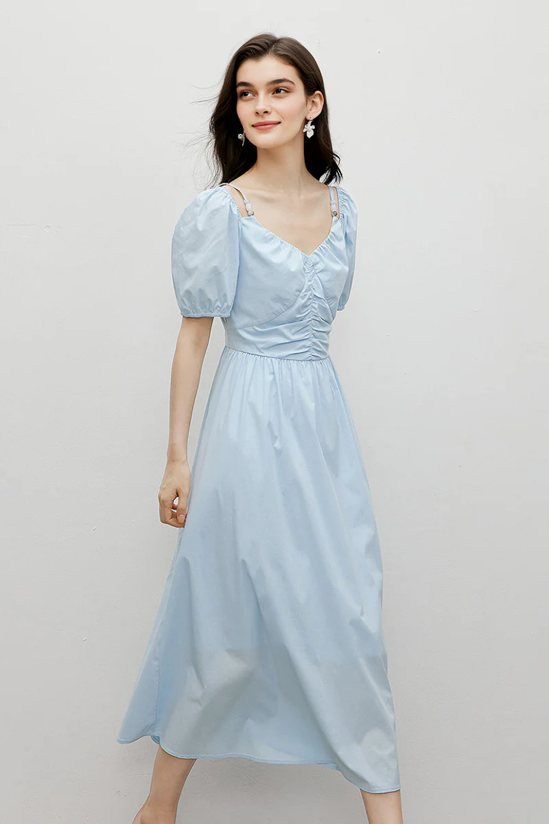 Baby Blue V-Neck Beaded Strap Midi Dress - HBQMJX