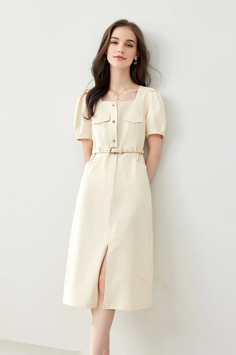 Ivory Cargo Square-Neck Belted Midi Dress - HBQMJX
