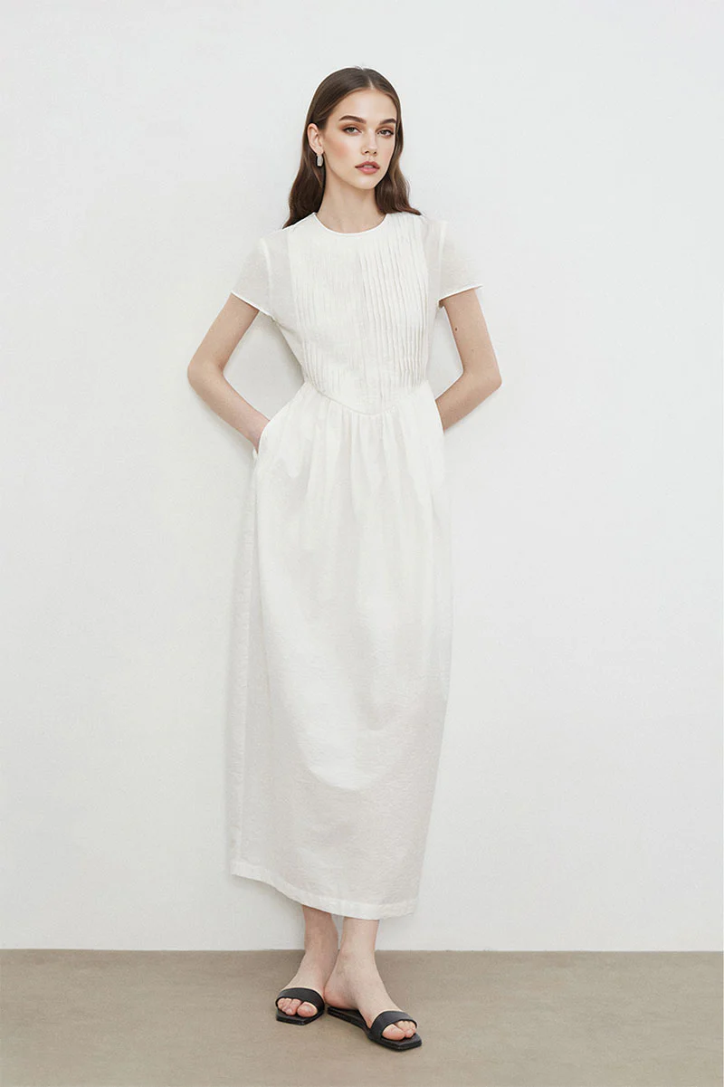 White Long-Staple Cotton Midi Dress with Front Pleat - HBQMJX