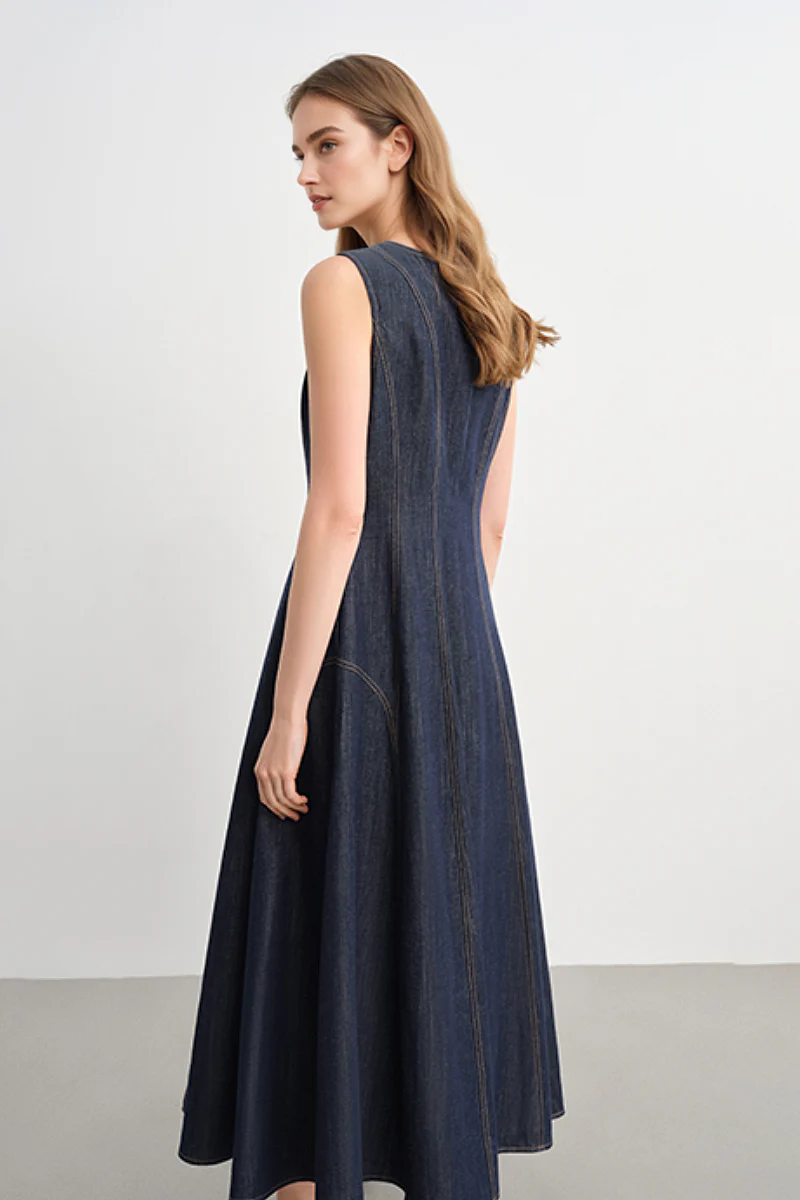 Denim Sleeveless A-Line Midi Dress - HBQMJX