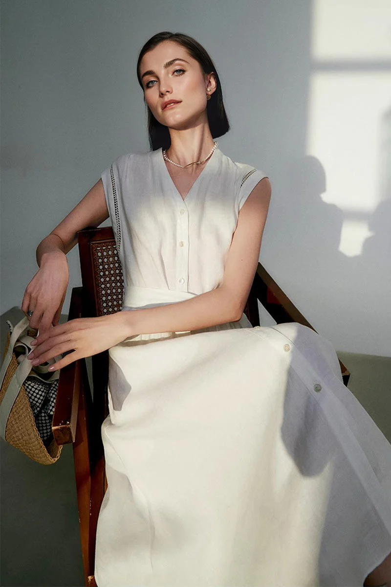 White 100 Linen Cap-Sleeve Button-Front Belted Midi Dress - HBQMJX