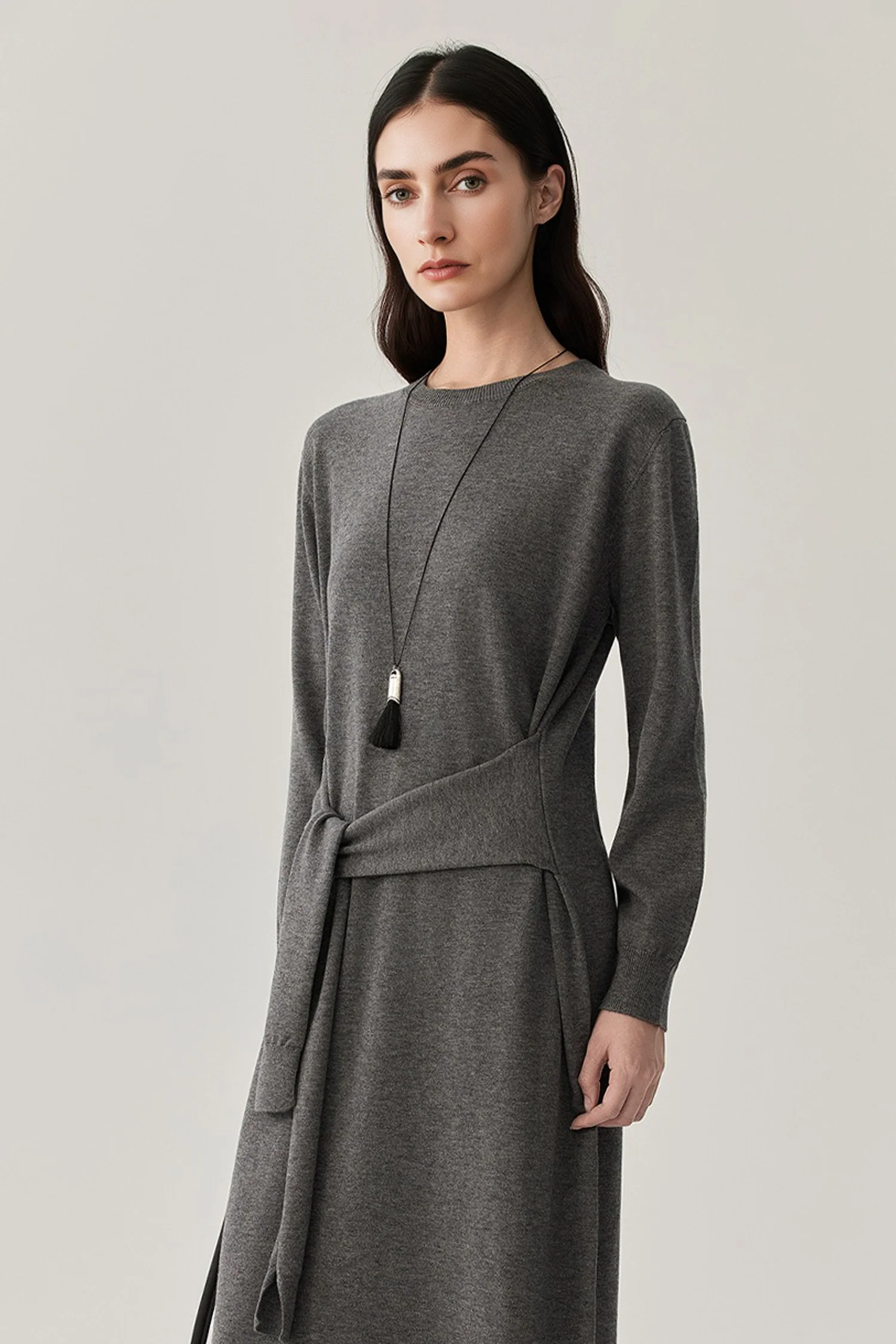 Washable Wool Long Sleeve Tie-Waist Midi Sweater Dress - HBQMJX