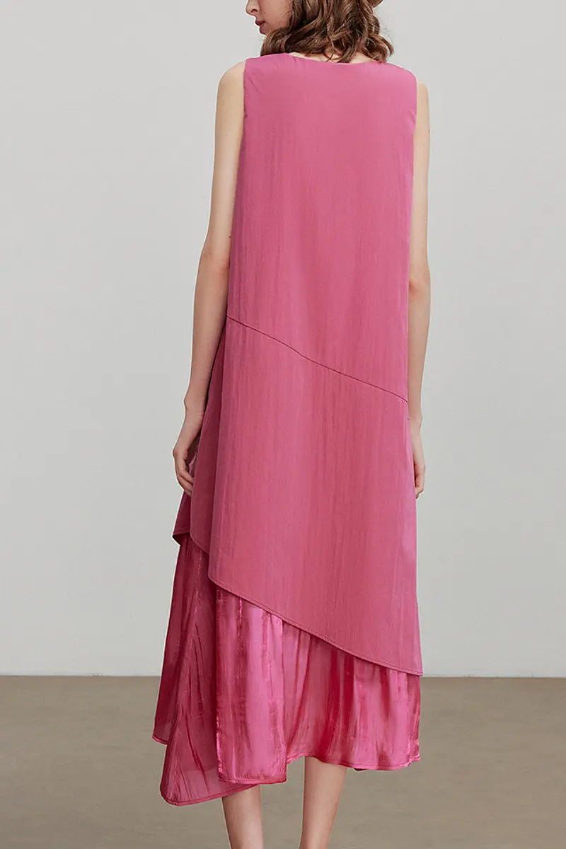 Pink Flowy Asymmetrical Sleeveless Trapeze Midi Dress - HBQMJX