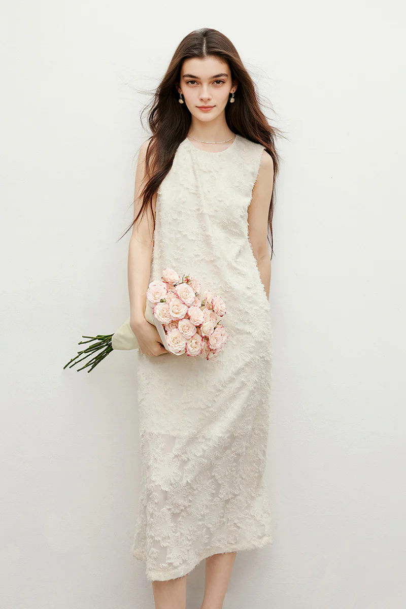 White Floral Applique Sleeveless Dress - JIEEQQ