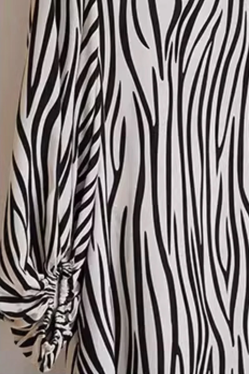 100 Mulberry Silk V-Neck Balloon-Sleeve Zebra-Print Midi Dress - HBQMJX