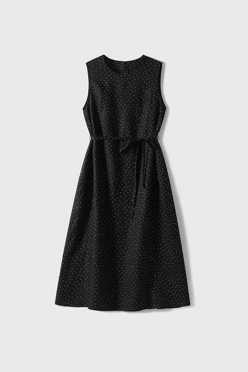 100 Linen Polka Dot Sleeveless Midi Dress with Pockets - HBQMJX