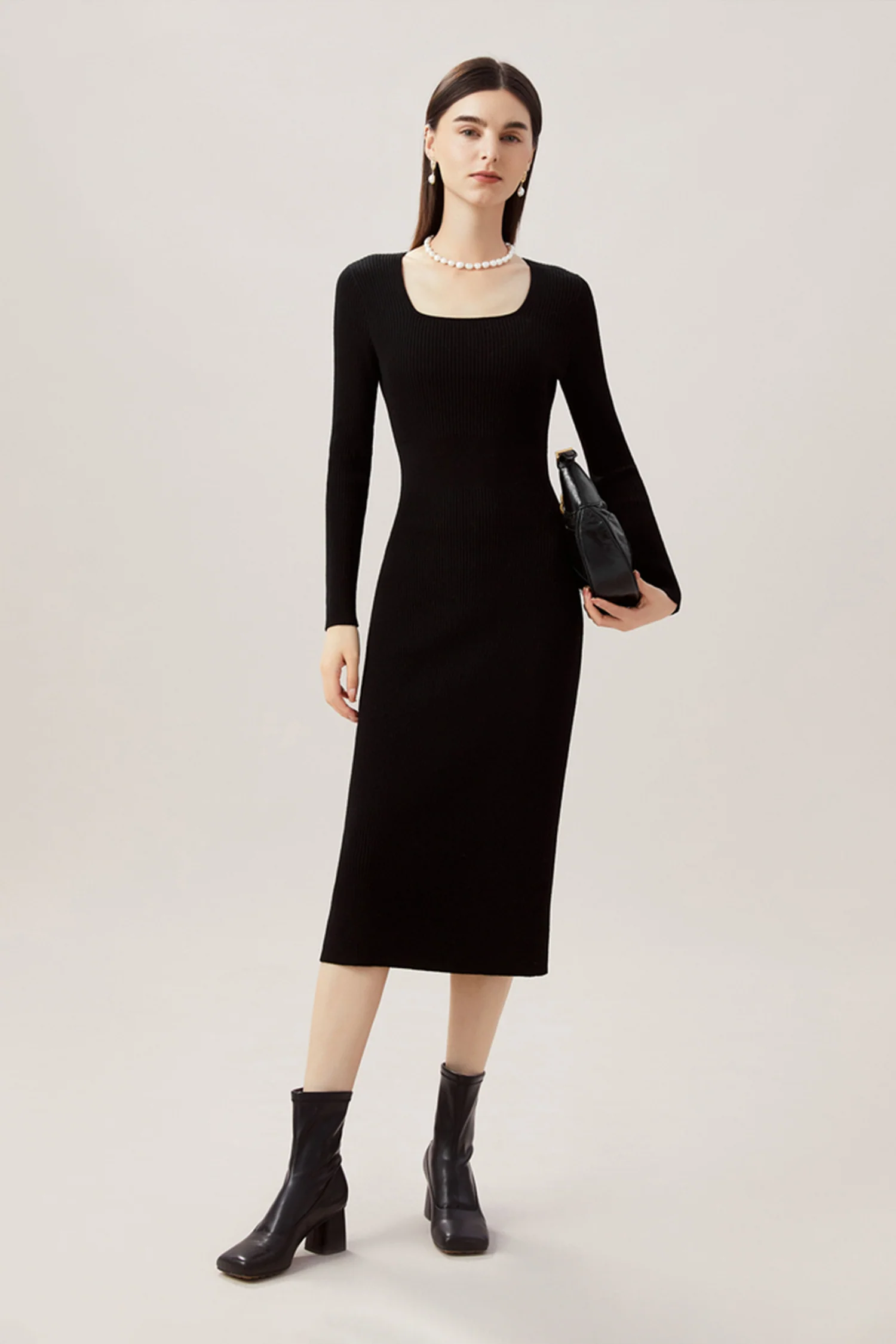 100% Merino Wool Long Sleeve Square-Neck Midi Sweater Dress - HBQMJX