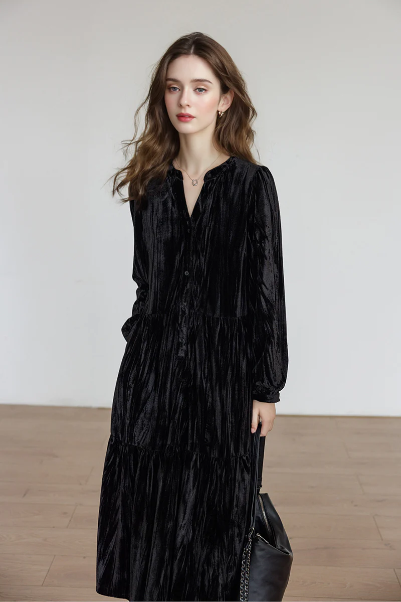 Tiered Long-Sleeve Button-Down A-Line Velvet Midi Dress - HBQMJX