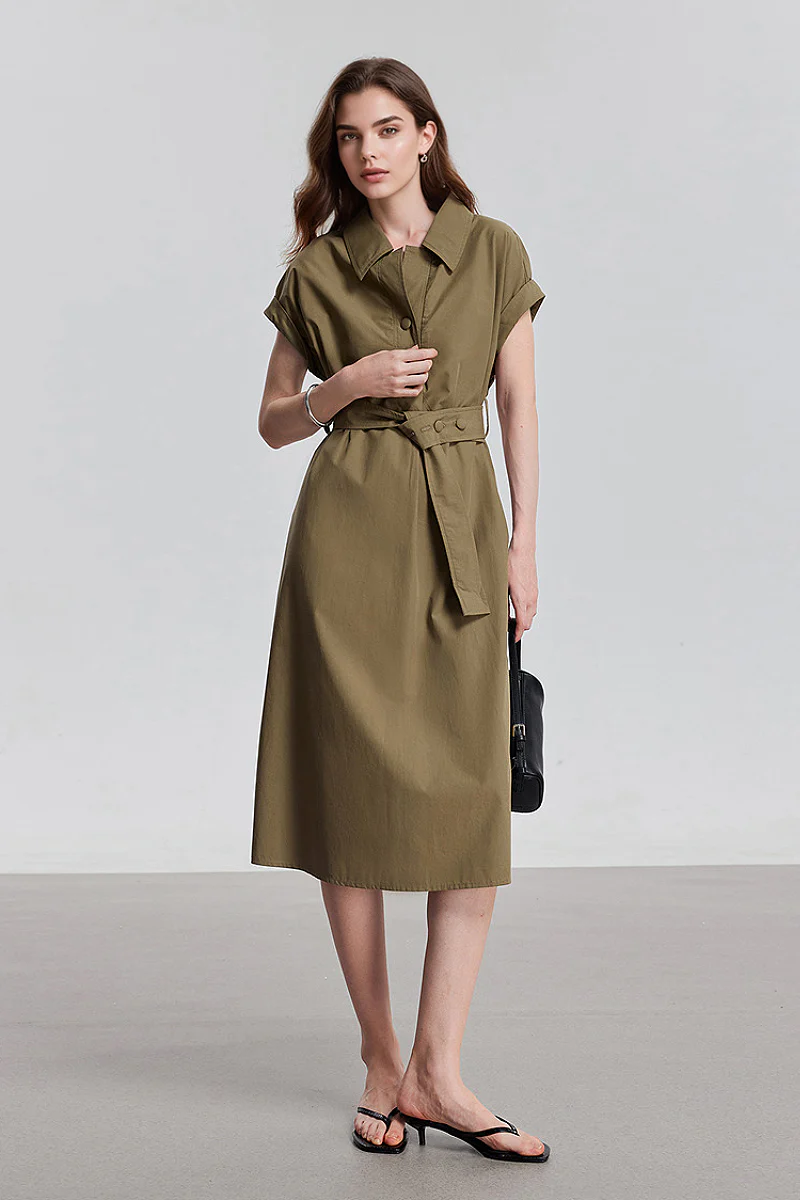 Olive Green Belted Shirt Dress in Cotton-Lyocell Blend - JIEEQQ