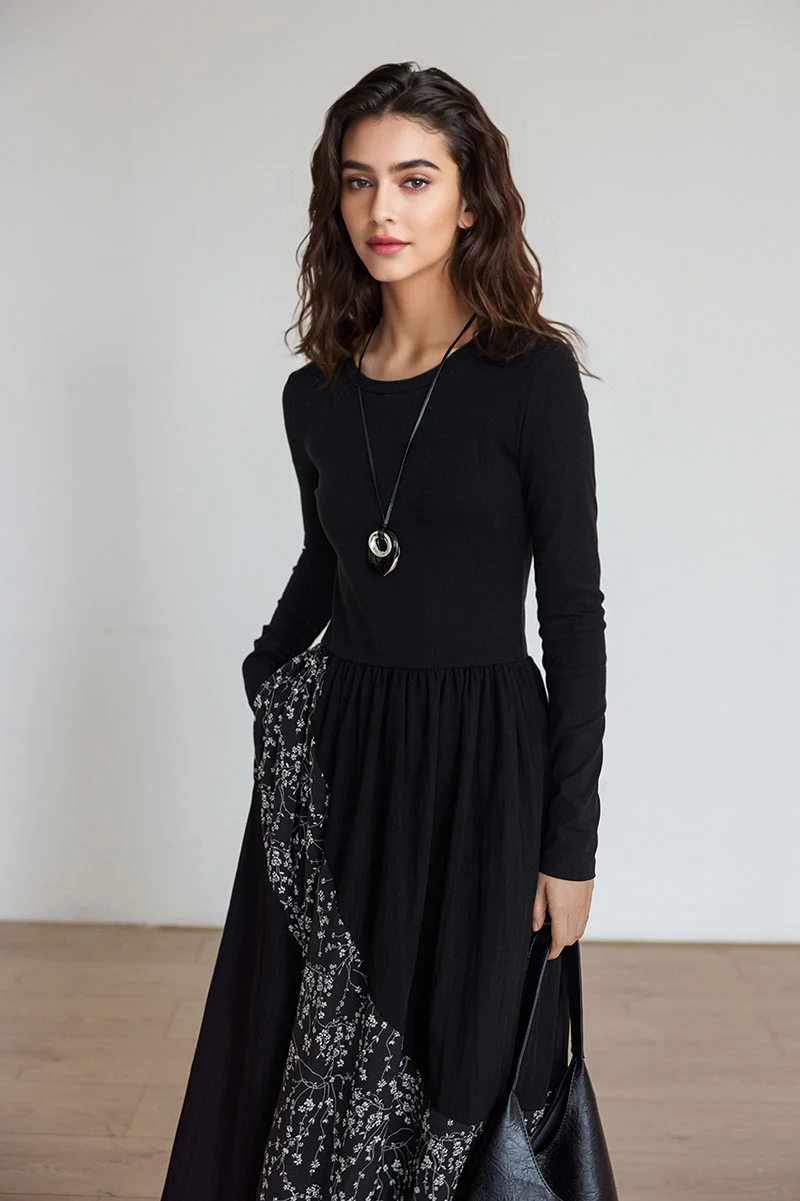 Fit & Flare Long-Sleeve Midi Dress with Flower Patchwork - HBQMJX