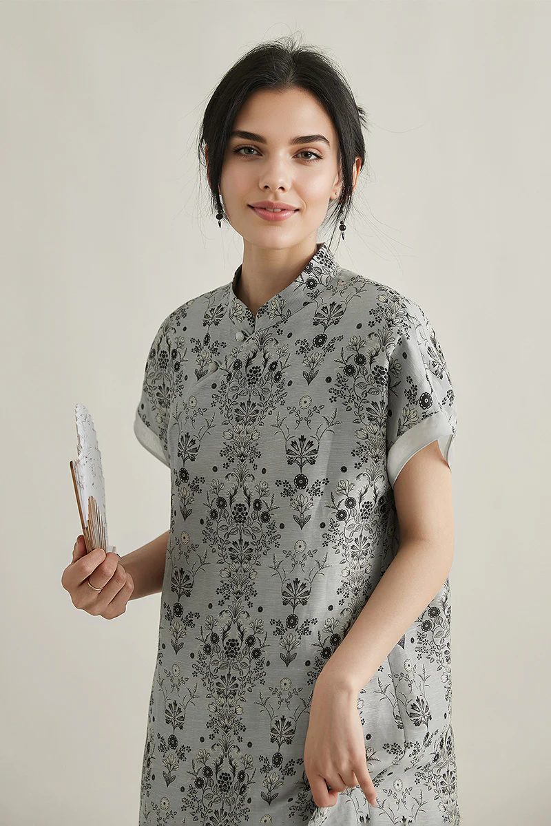 Qipao-Inspired Floral Midi Dress in Linen-Silk Blend - HBQMJX