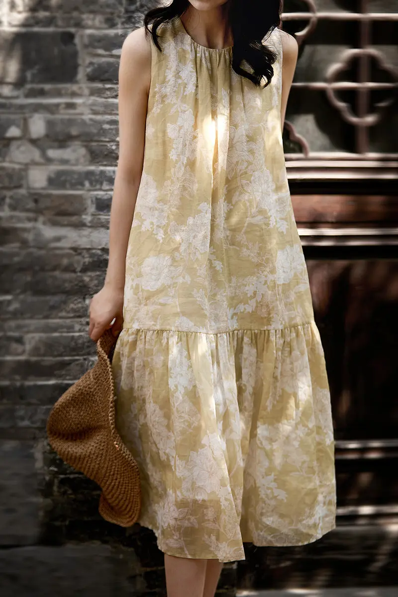 Ramie Floral Tiered Sleeveless Trapeze Midi Dress - HBQMJX