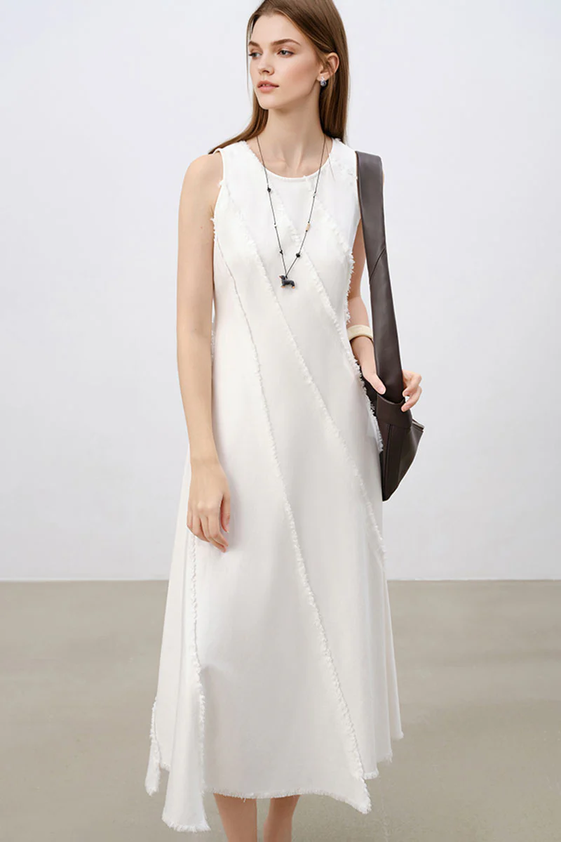 White A-Line Sleeveless Midi Dress with Raw Seams - HBQMJX
