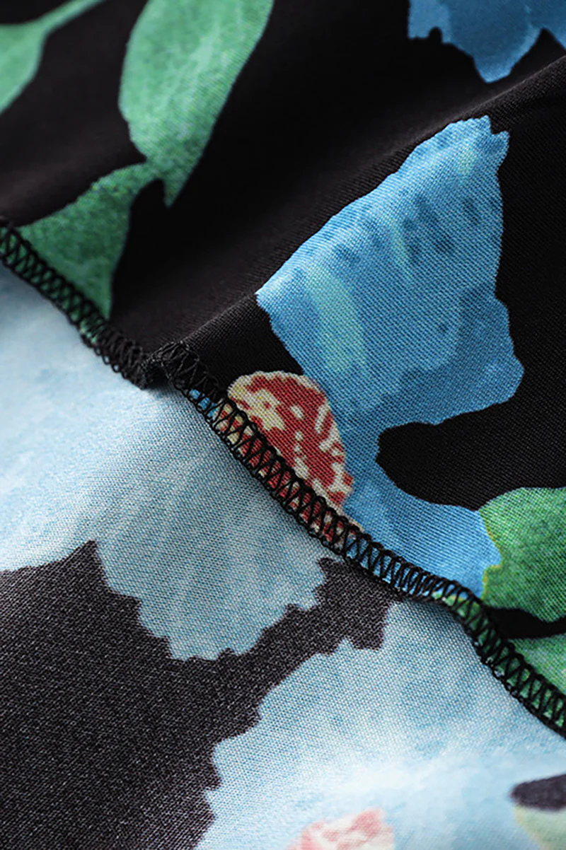 Blue Floral Sleeveless V-Neck Satin Midi Dress - HBQMJX