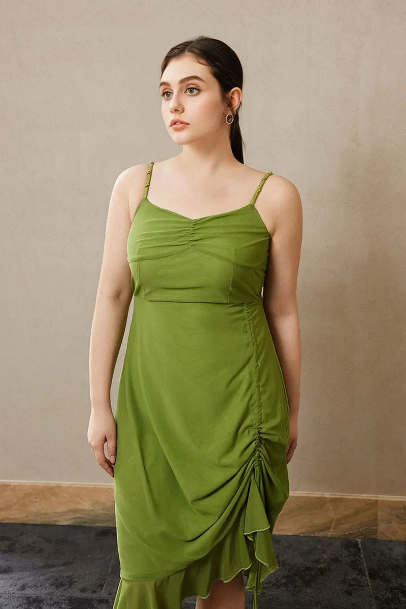 Ruched Mesh Drawstring Midi Dress in Olive Green - HBQMJX