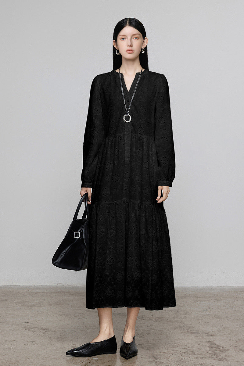 Tiered A-Line Long-Sleeve V-Neck Broderie Midi Dress with Front Buttons - HBQMJX