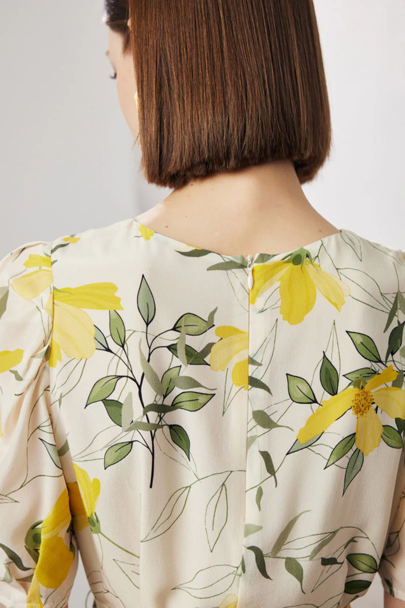 100 Mulberry Silk Floral Puff-Sleeve Belted Midi Dress - HBQMJX