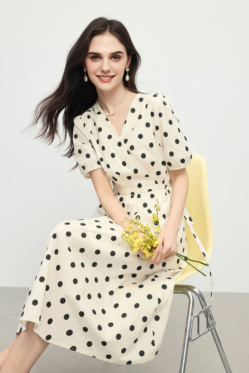 French-Inspired Polka-Dot Midi Dress - HBQMJX