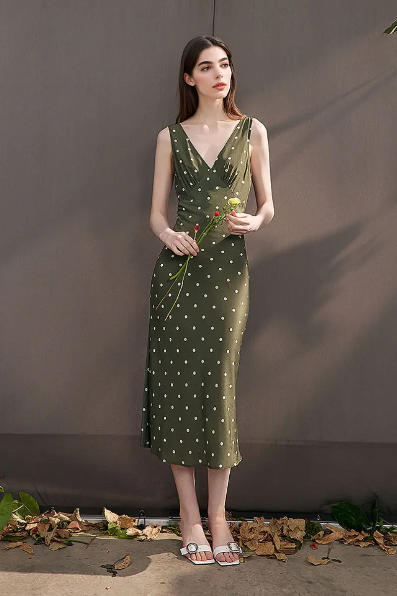 100 Silk Polka Dot Bias-Cut Midi Dress in Olive Green - HBQMJX