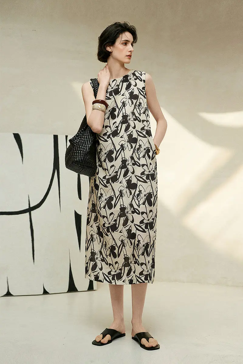 Vintage Floral Sleeveless Midi Shift Dress in Ramie - JIEEQQ