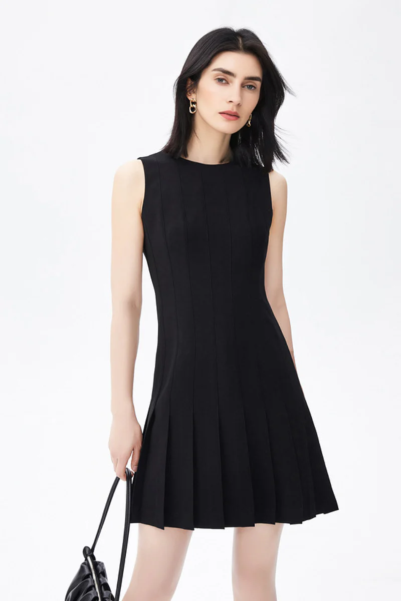 Black Pleated Sleeveless A-Line Mini Dress in Triacetate - HBQMJX