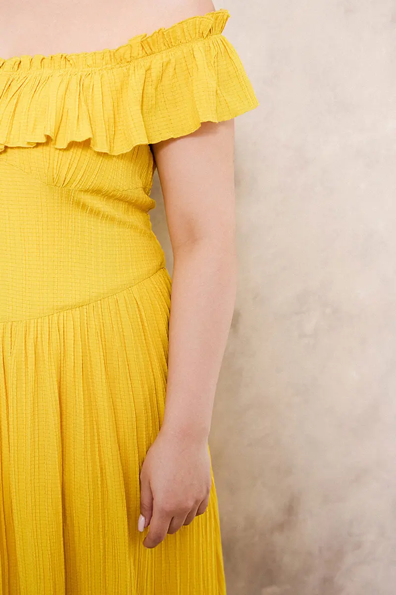 Yellow Off-the-Shoulder Ruffled Fit & Flare Midi Dress - HBQMJX