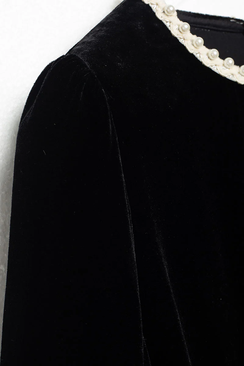 Ostrich-Feather Velvet Elbow-Sleeve Midi Dress with Pearl Trim - HBQMJX