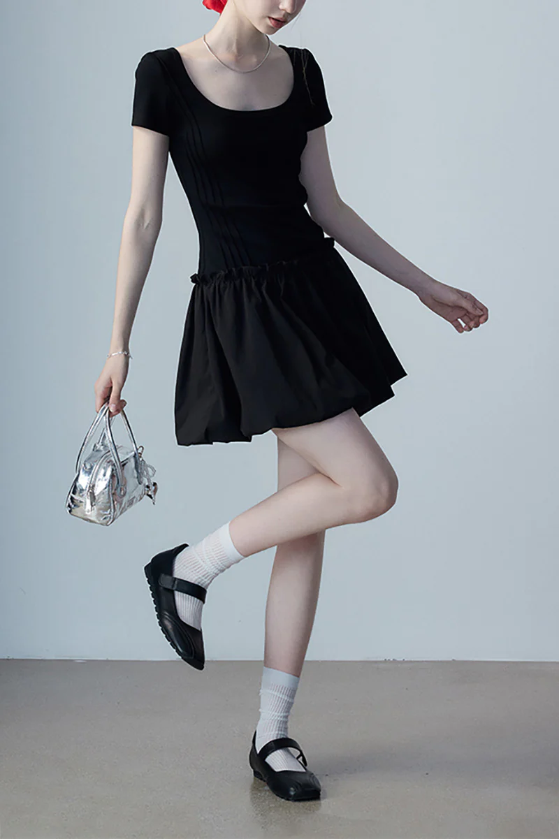 Black Squre-Neck Bubble Mini Dress - HBQMJX