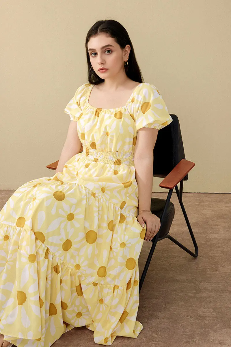 Yellow Floral Tiered Smocked Maxi Dress - HBQMJX