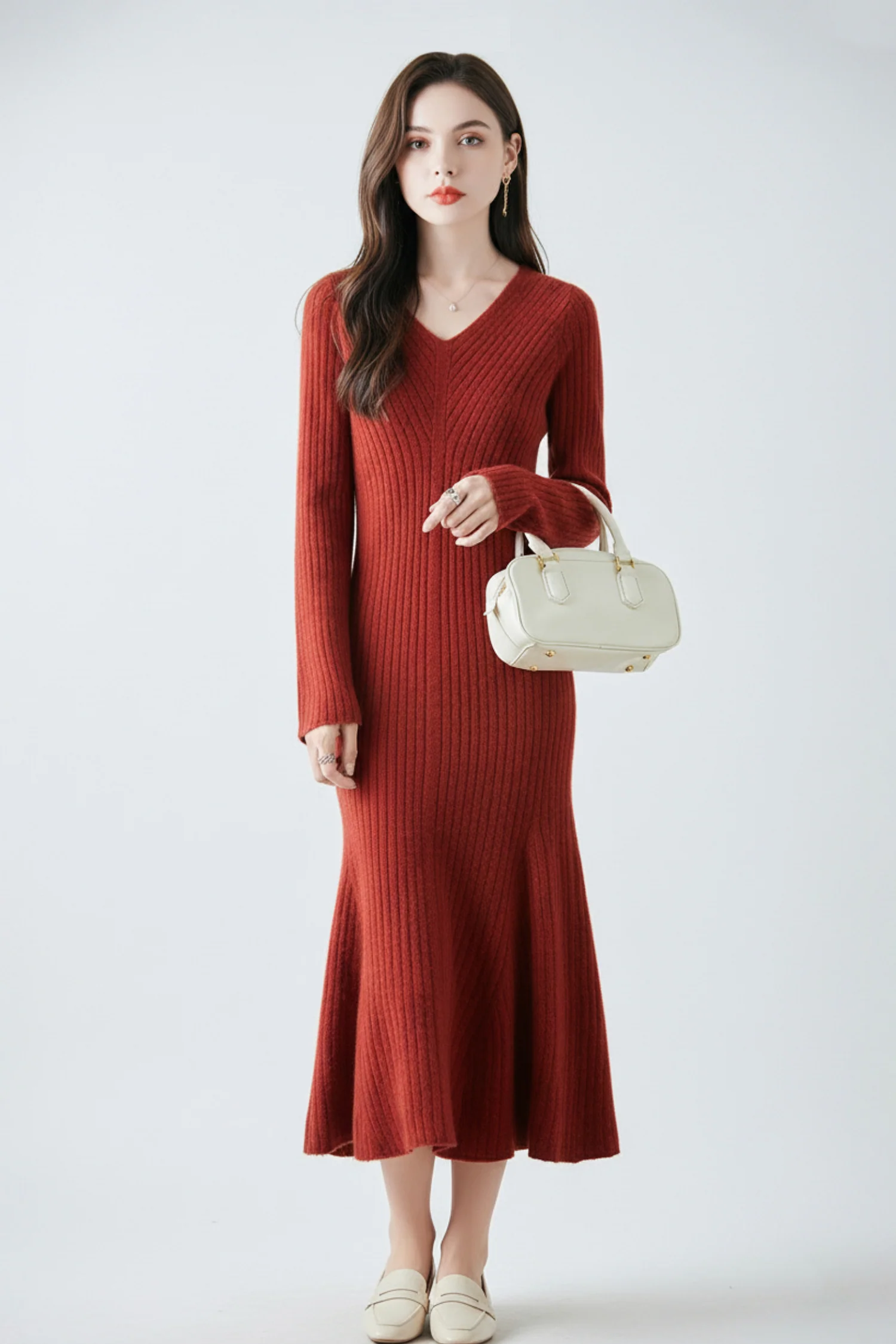 100% Wool Long Sleeve V-NecK Midi Sweater Dress - HBQMJX