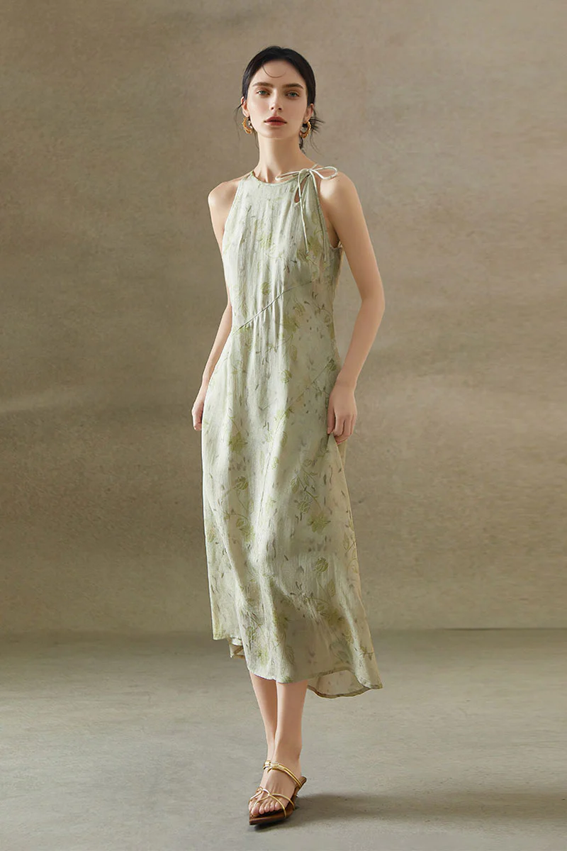 Sage Green Jacquard Halter Midi Dress with Shoulder Bow - HBQMJX