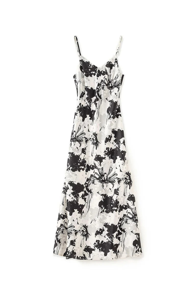 Satin Printed V-Neck Midi Slip Dress - HBQMJX