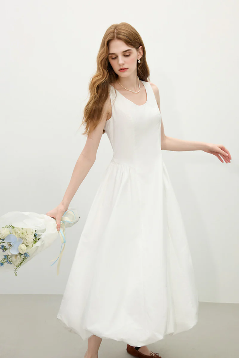 White 100 Cotton Sleeveless Scoop-Neck Bubble Midi Dress - HBQMJX