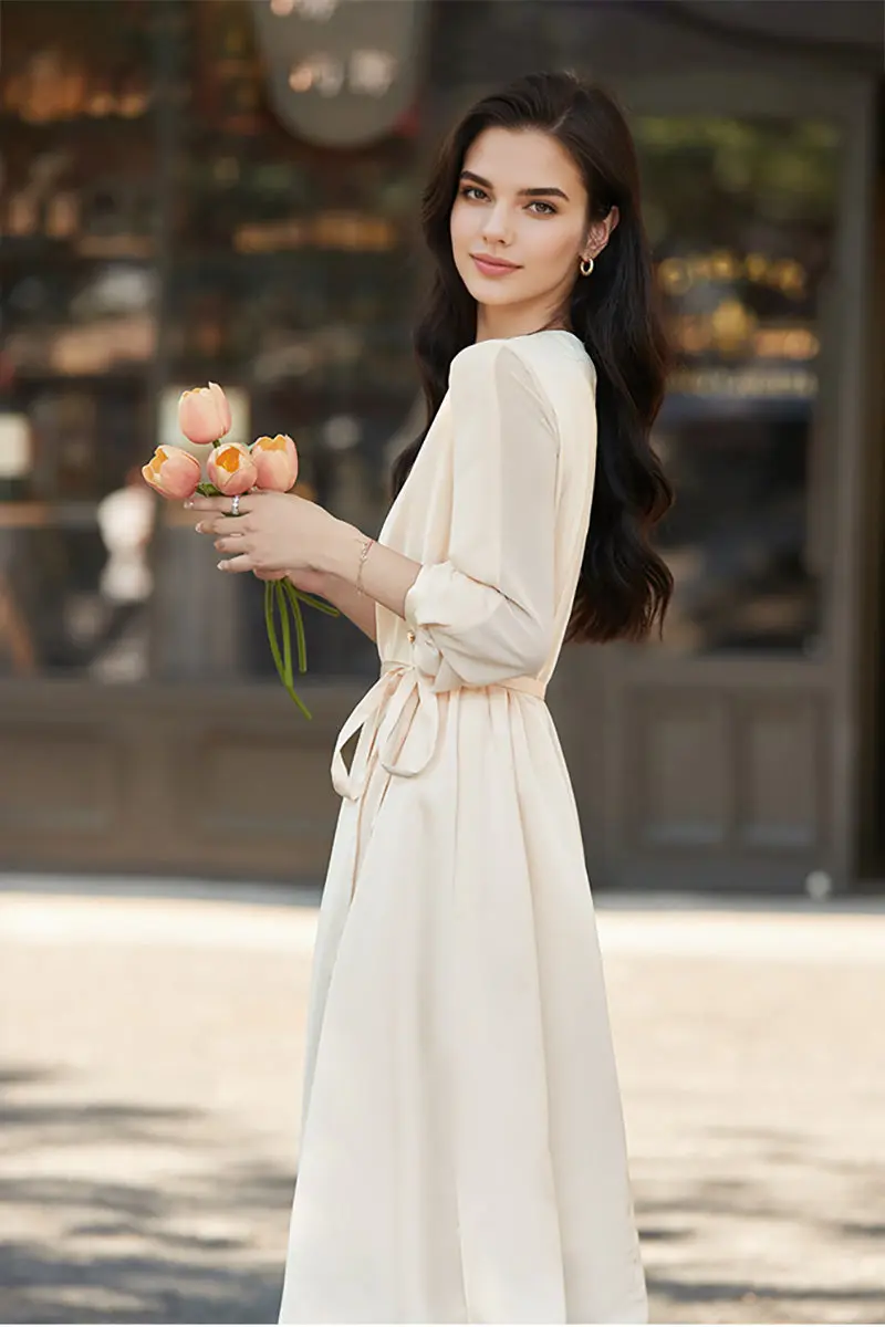 Triacetate Belted 3/4 Sleeve Keyhole Midi Dress - HBQMJX