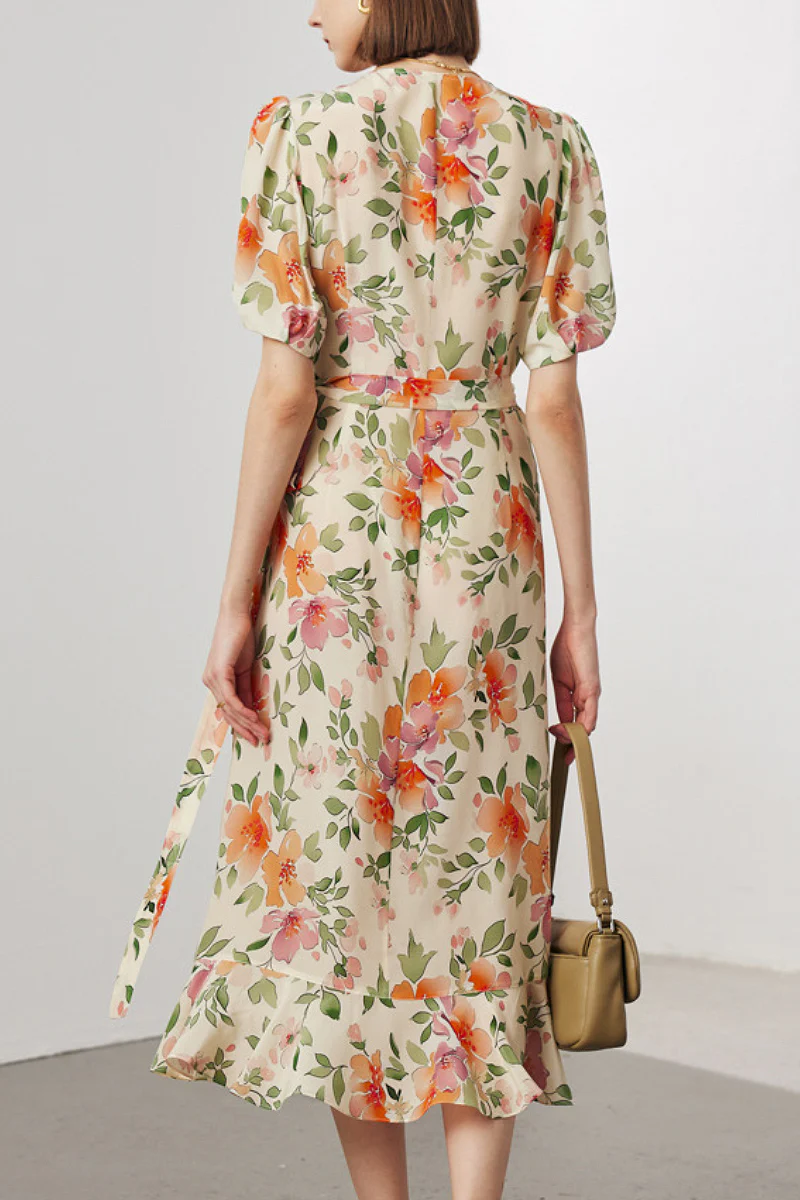 100 Mulberry Silk Floral Puff-Sleeve V-Neck Ruffle Wrap Midi Dress - HBQMJX