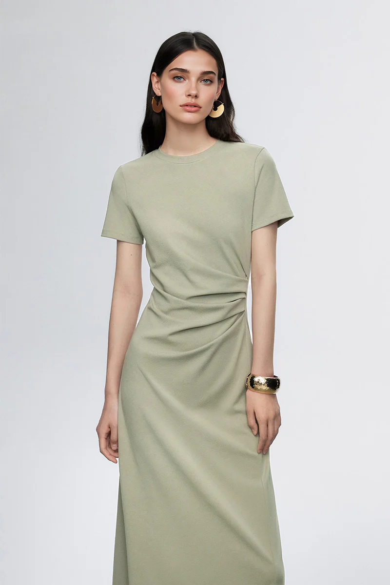Sage Green Ruched-Waist T-Shirt Midi Dress - HBQMJX