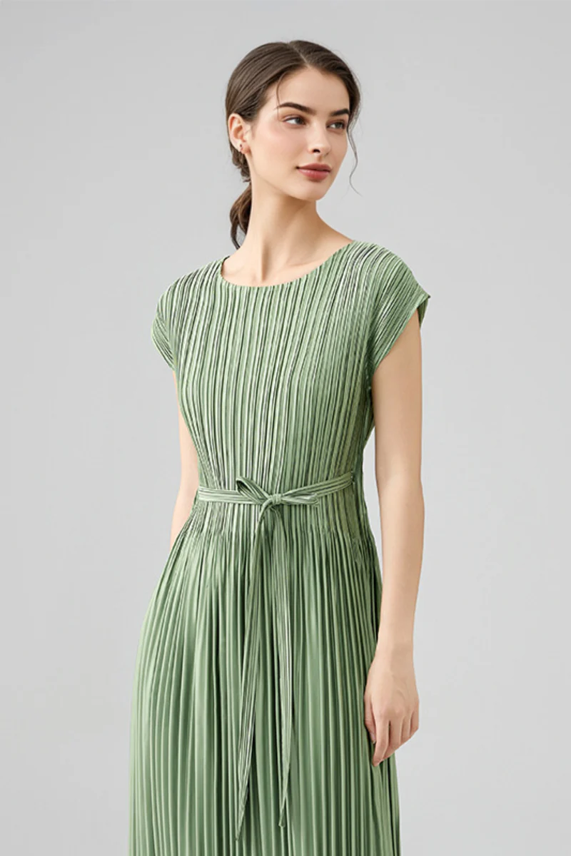 Designer Inspired Pleated Cap-Sleeve Dress with Belt - HBQMJX