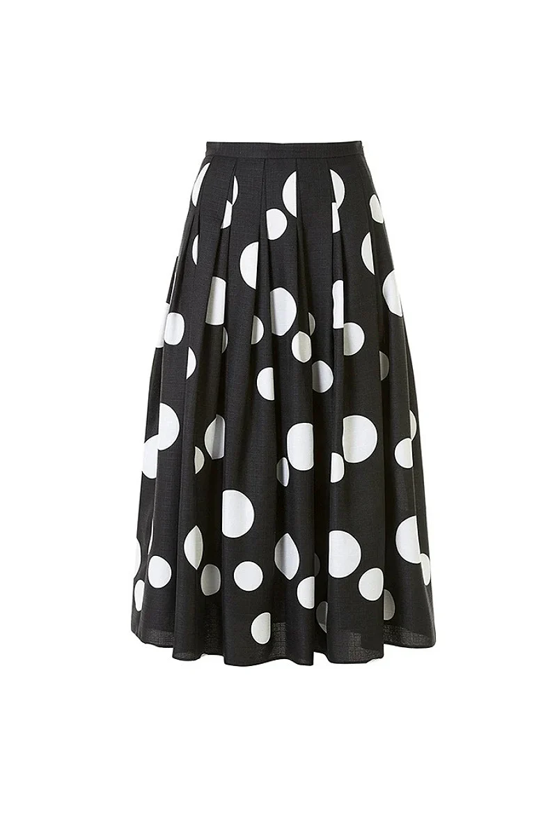 Black Pleated Polka Dot A-Line Midi Skirt with Pockets - HBQMJX