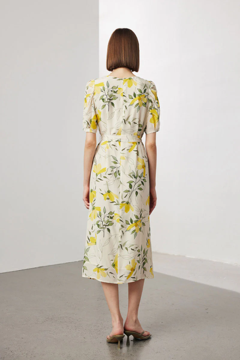 100 Mulberry Silk Floral Puff-Sleeve Belted Midi Dress - HBQMJX