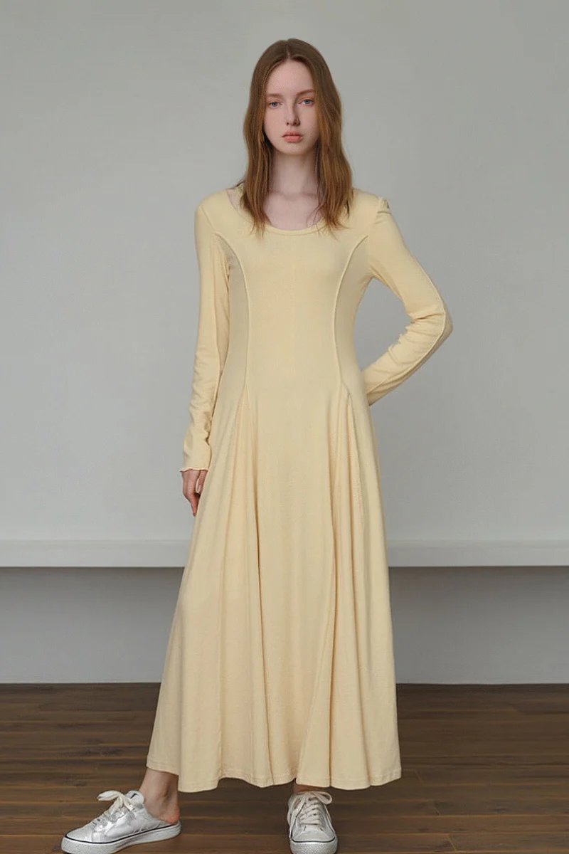 Yellow Stretch Long-Sleeve Scoop-Neck A-Line Maxi Dress - HBQMJX